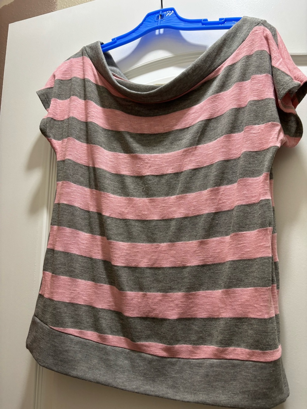 Women's Pink and Gray Striped Short Sleeve Boatneck Tee